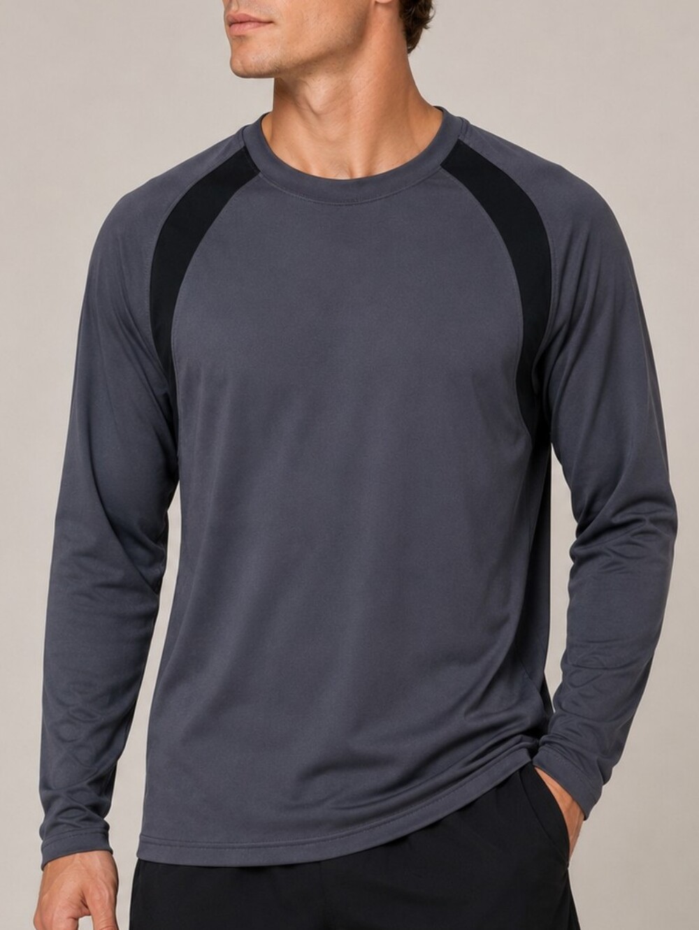 Reebok Gray Long Sleeve Colorblock Crew Neck Athletic Workout Shirt Men Medium